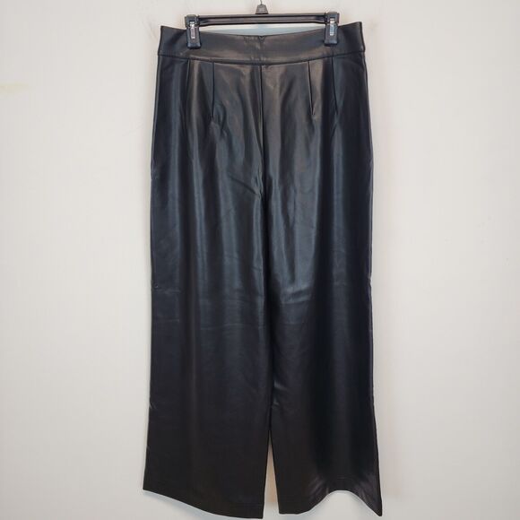 French Connection Faux Leather Wide Leg Pants Size 10 Black Pleated High Rise - Picture 1 of 15
